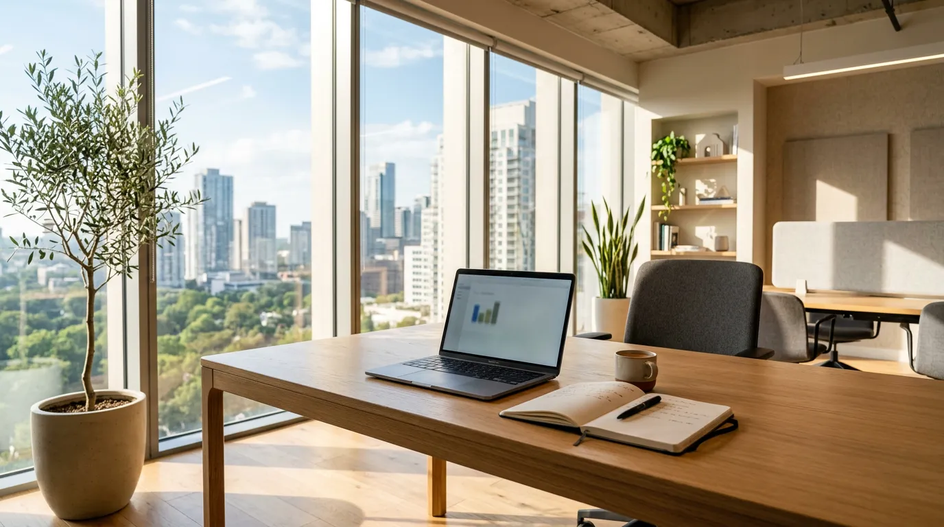 Professional modern office setting with natural sunlight streaming through large windows, minimalist desk with laptop and notebook, focused and calm atmosphere