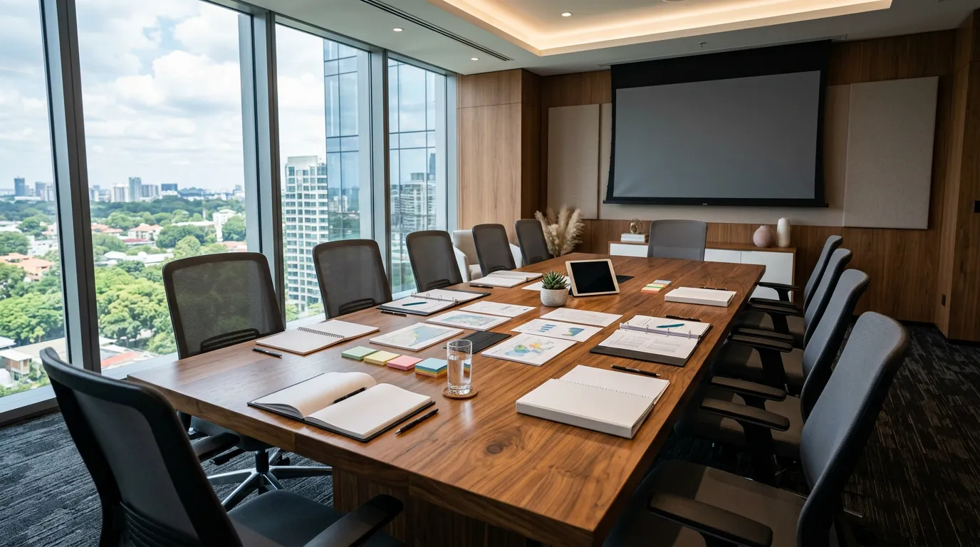 Modern conference room with empty wooden table and chairs arranged around it, strategic planning materials on the table, natural lighting, professional and inspiring atmosphere