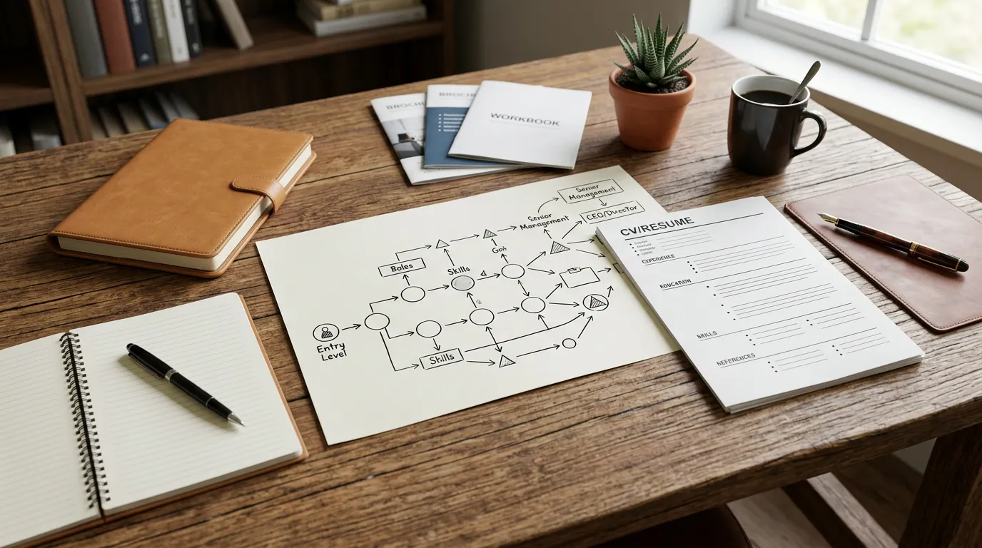 Career planning visualization with career path diagram or roadmap on paper, professional coaching materials, resume and notebook on desk, strategic planning atmosphere