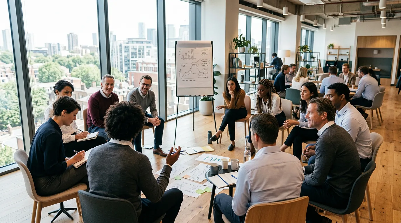 Diverse group of people sitting in a circle during a team meeting or workshop, collaborative and engaged atmosphere, modern bright office space with windows, no faces visible close-up